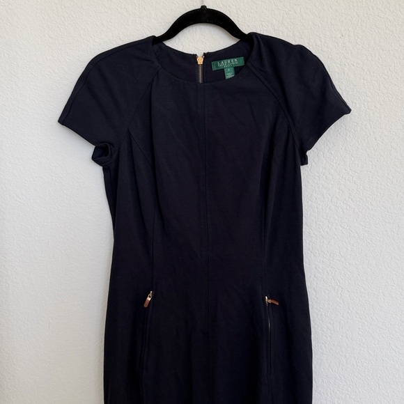 Lauren Ralph Lauren Blue stretch knit fitted sheath dress with leather zippers - Picture 3 of 7